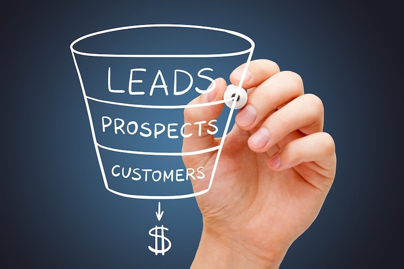 Hand sketching sales or revenue funnel marketing concept with white marker on transparent wipe board.