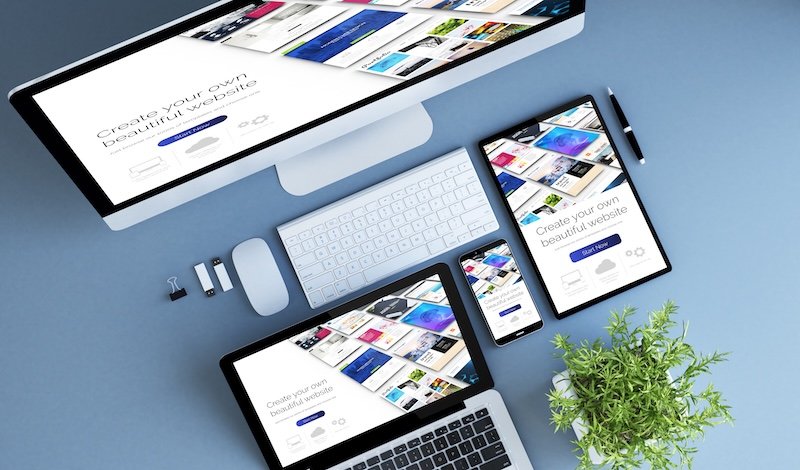 blue devices top view creative website builder 3d rendering.
