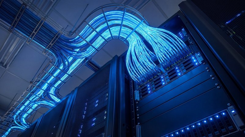 A striking low-angle perspective of server racks in a modern data center, showcasing glowing blue network cables that illuminate the advanced digital.
