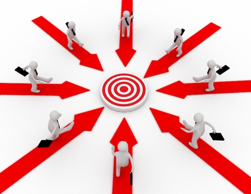 Businessmen are running on arrows pointing to a target at the center. 3d rendered illustration