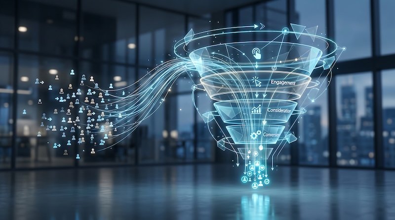 Visual marketing funnel, customer journey, digital analytics.