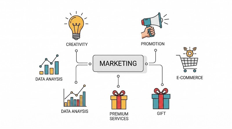 Visual business framework featuring lightbulb creativity megaphone promotion shopping cart ecommerce and data analysis chart icons for strategic planning model.