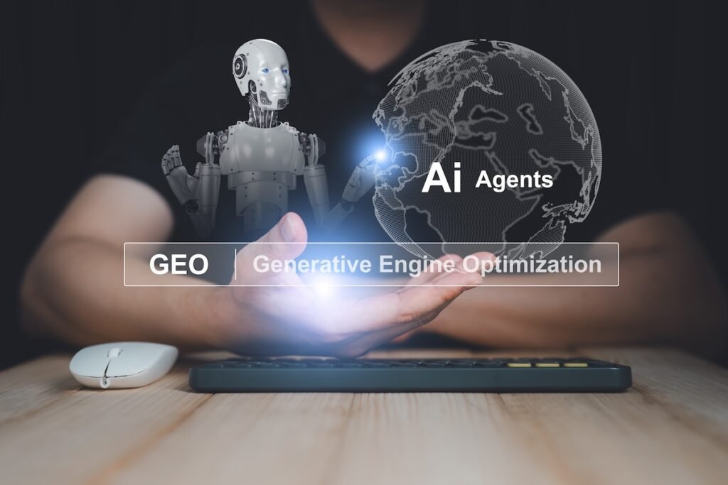 Generative engine optimization GEO with 3D rendered AI robot, AI agents and digital globe, artificial intelligence search, content visibility, automation, marketing and future SEO strategy.