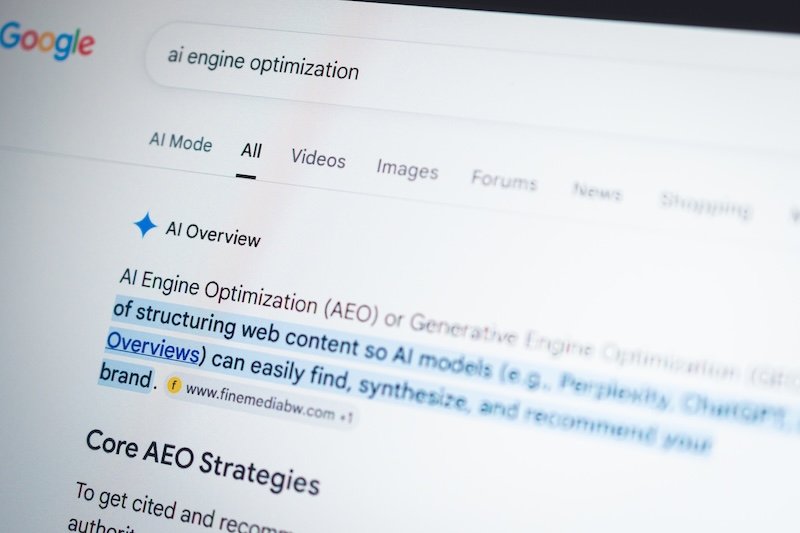 Coublevie, France - July 9, 2026: A close-up shot of Google AI search results for AI engine optimization (AEO)